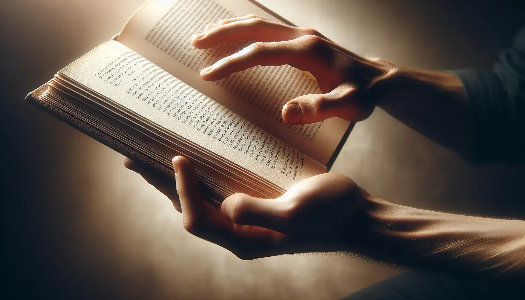 Close-up view of hands gently holding and turning a page of an open book with thick, textured paper against a soft, earthy-toned backdrop.