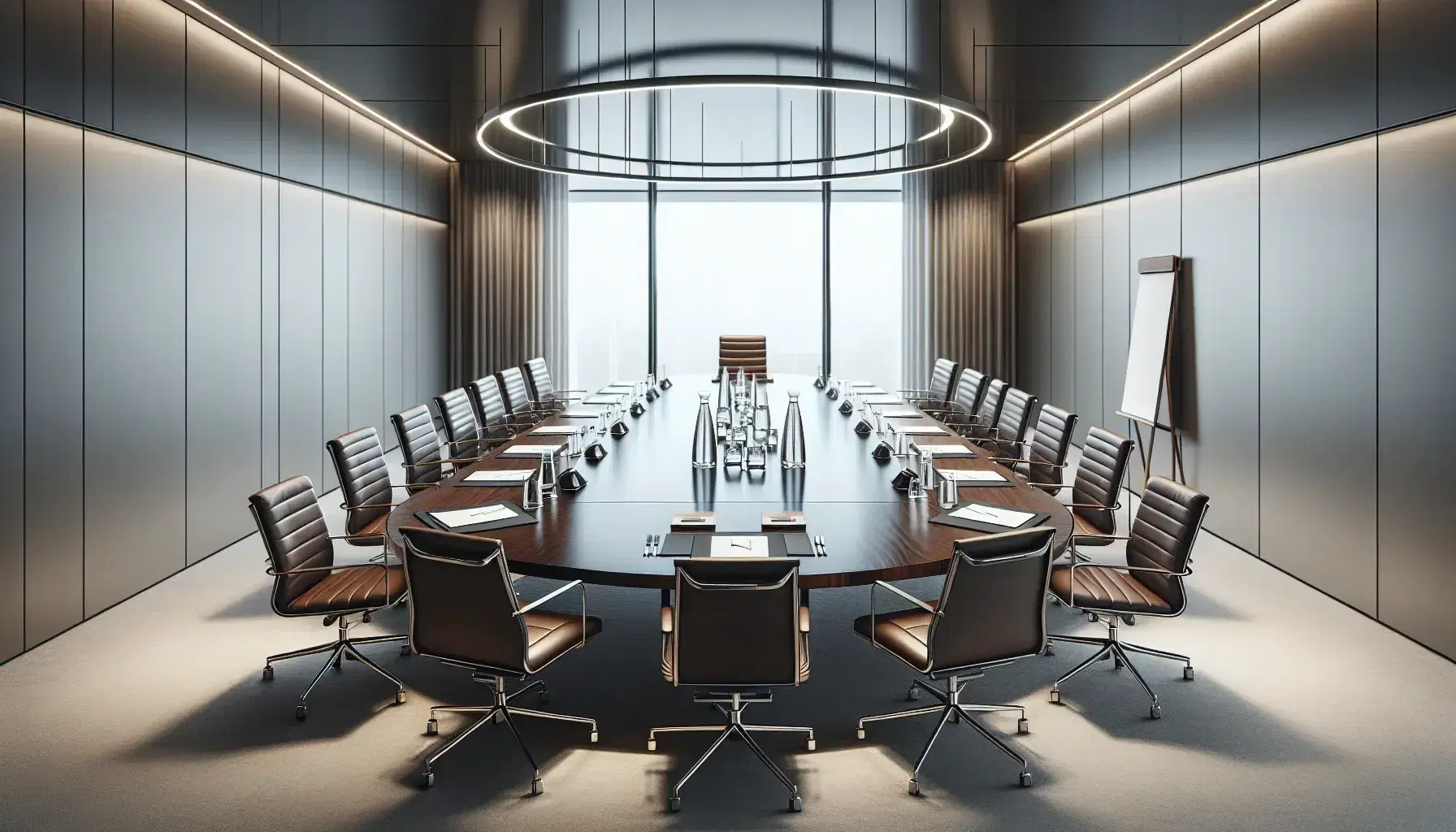Modern conference room with large oval wooden table, high-back leather chairs, glass water pitchers, and floor-to-ceiling windows with sheer curtains.