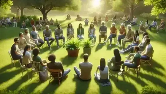 Grupo diverso de personas sentadas en círculo en un parque, conversando alrededor de una planta, reflejando empatía y conexión en un ambiente natural tranquilo.