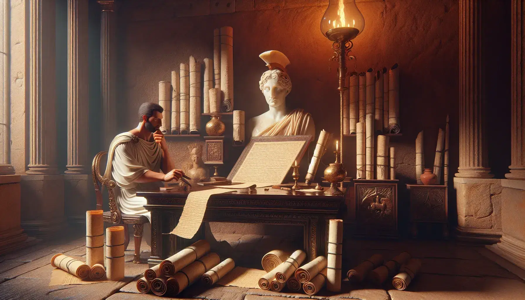 Biblioteca romana antica con tavolo in legno, rotoli di papiro, statuetta di Minerva e uomo in toga che studia uno scritto.