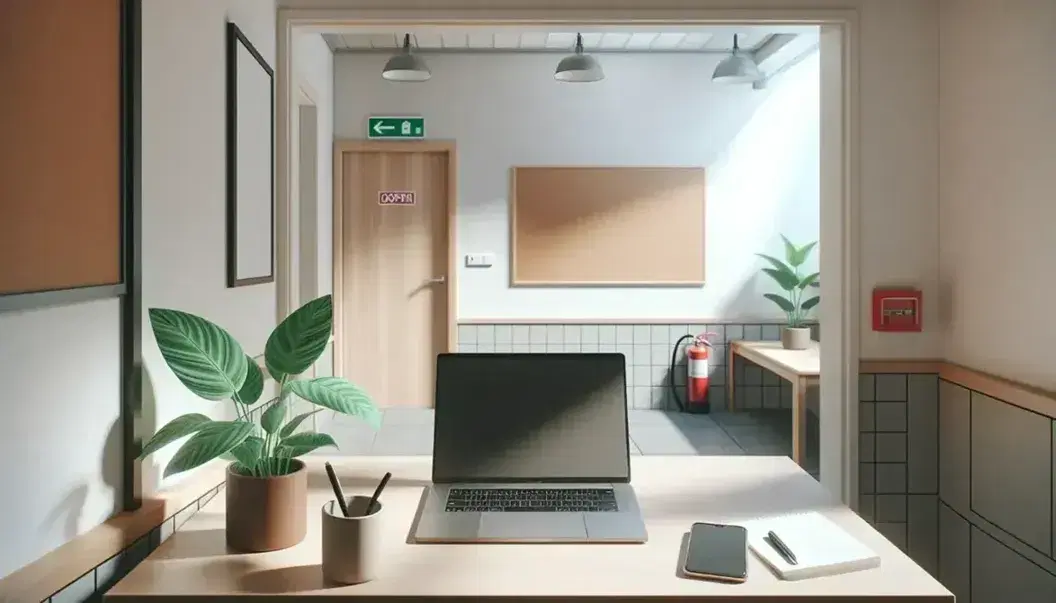 Oficina pequeña y luminosa con escritorio de madera, portátil abierto, smartphone, libreta y planta interior, junto a pizarra blanca y extintor rojo.