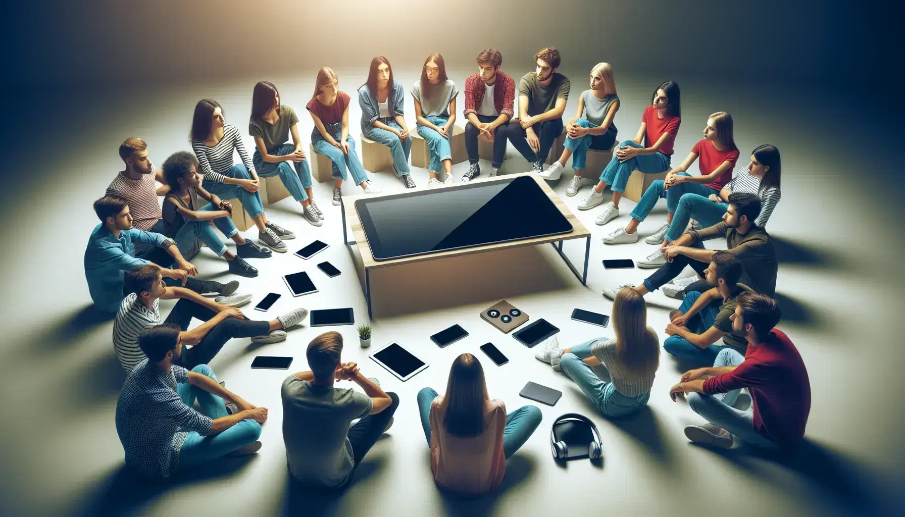 Grupo diverso de jóvenes sentados en semicírculo enfocados en pantalla apagada, con dispositivos electrónicos en primer plano y luz natural suave.