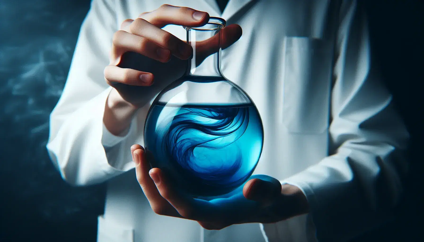 Close-up view of a hand in a white lab coat holding a glass flask with a blue gradient liquid against a black chalkboard background.