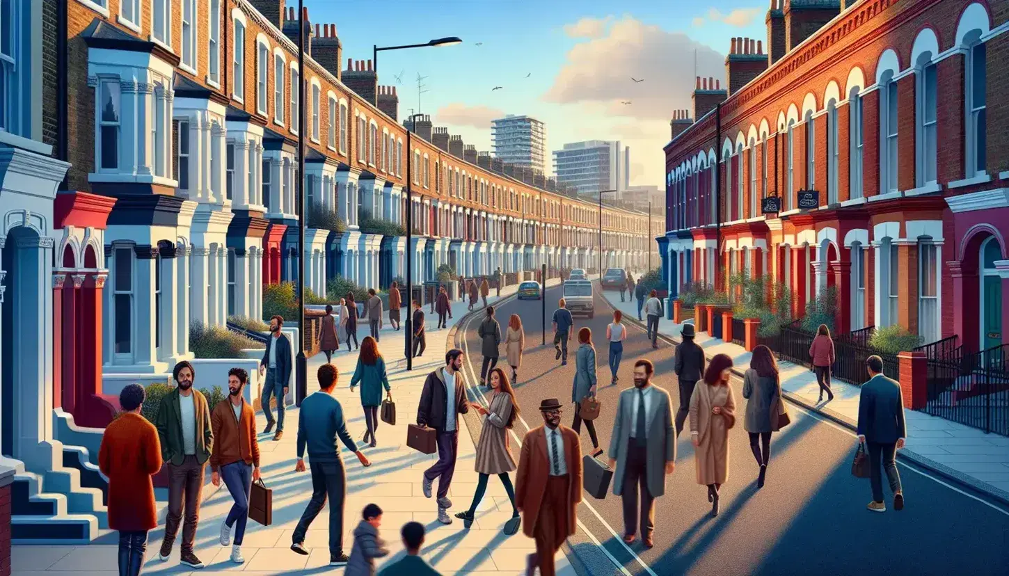 Diverse pedestrians stroll on a sidewalk in Northwest London, with terraced brick houses and a mix of Victorian and modern buildings under a clear blue sky.