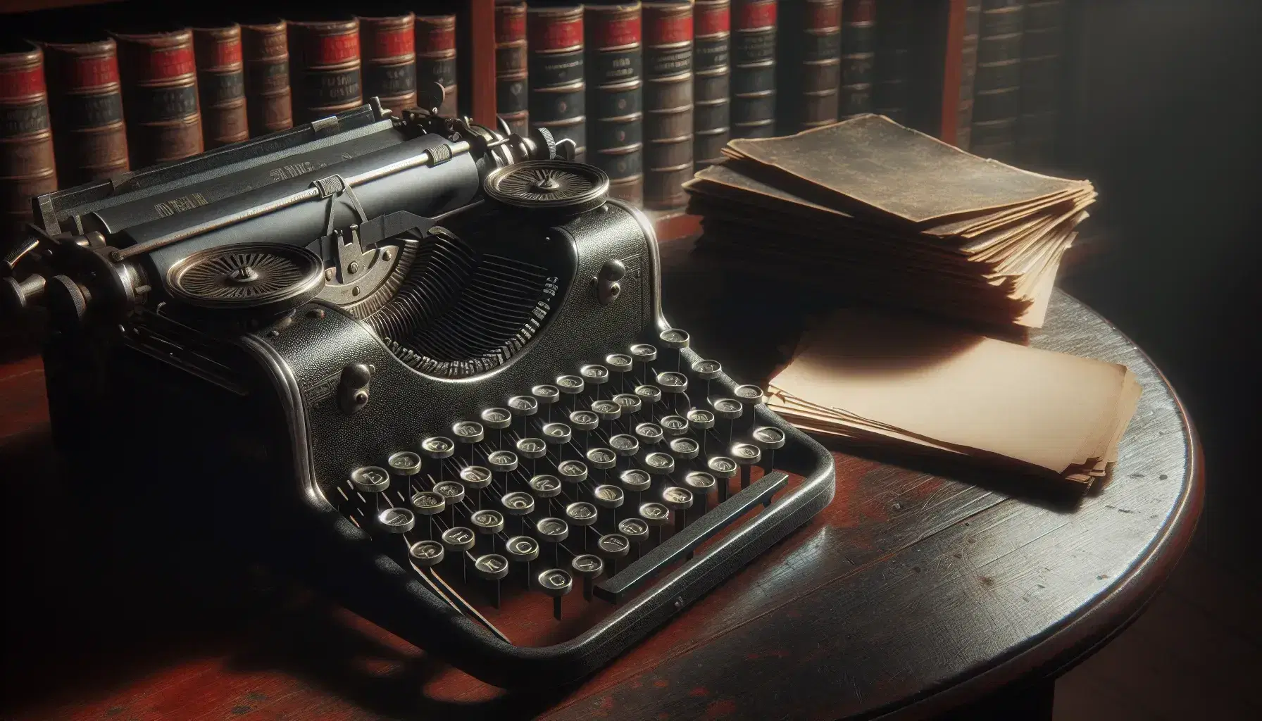 Máquina de escribir metálica antigua con teclas redondas sobre mesa de madera oscura y papeles al lado, estantería con libros encuadernados en cuero al fondo.