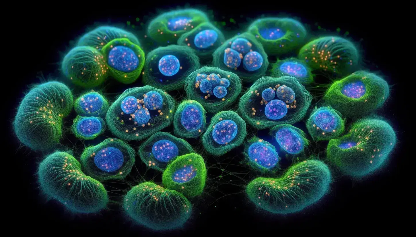 Microscopic view of dividing eukaryotic cells, with metaphase chromosomes and cytokinesis, colored blue and green on a dark background.