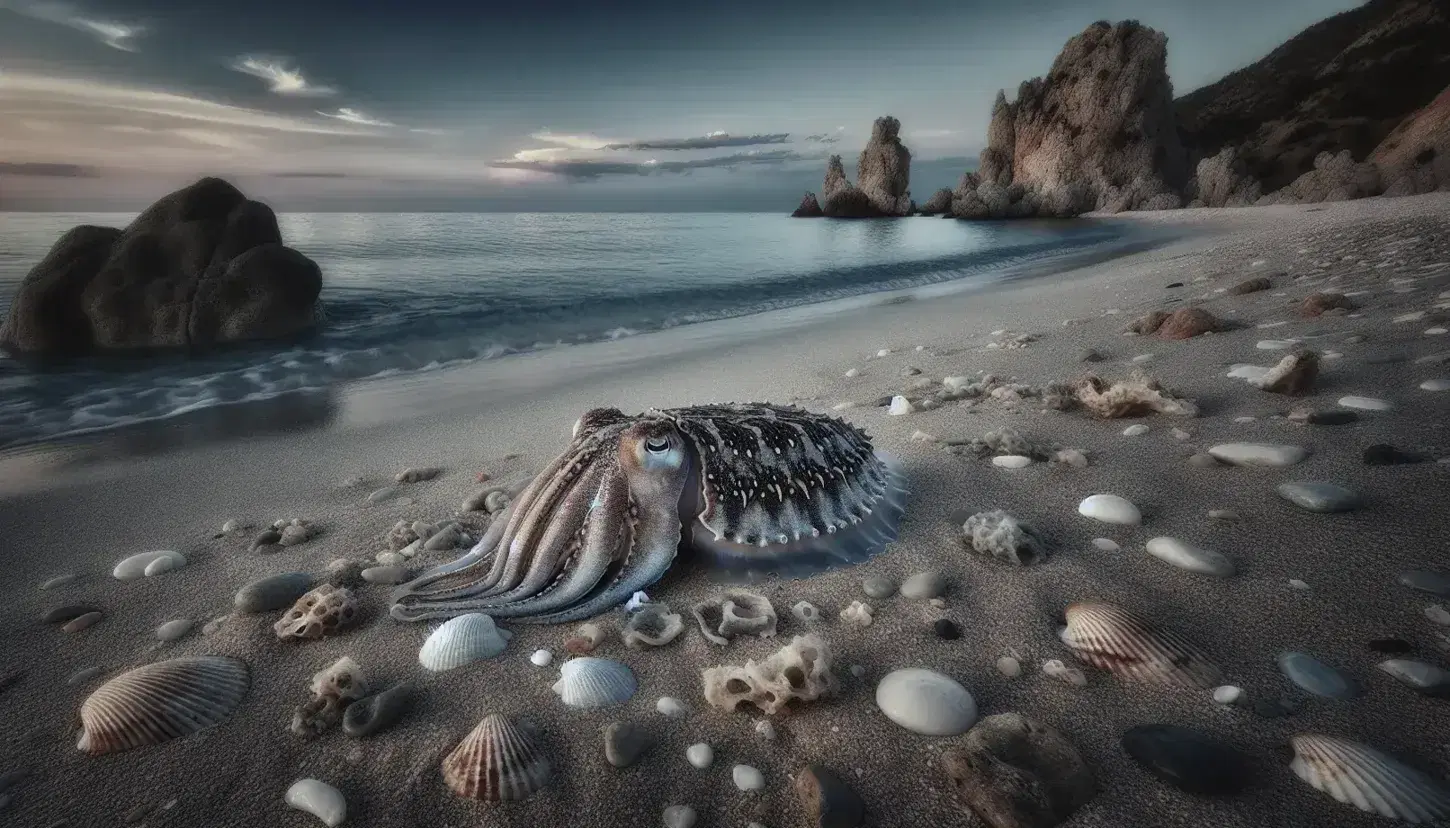 Spiaggia desolata al crepuscolo con cuttlefish e conchiglie su sabbia fine, mare calmo blu e scogliera a sinistra.