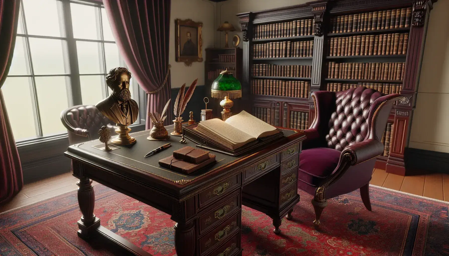 Victorian study with mahogany desk, leather journal, brass table lamp, burgundy armchair, bookcase and bronze bust.