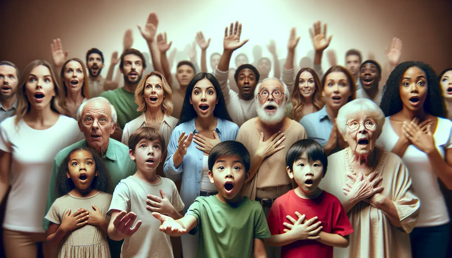 Multiethnic group showing surprise, with a Hispanic woman, elderly Caucasian man, Asian child, Native American woman, and young Caucasian adult, all focused on a central point.