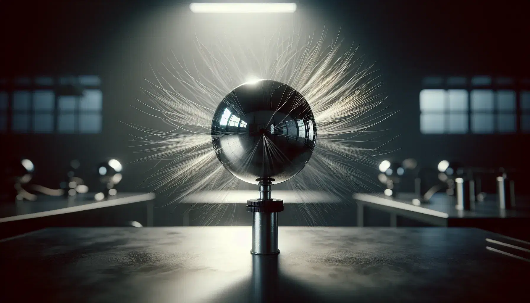 Generatore di Van de Graaff con sfera metallica e filamenti bianchi che rappresentano capelli elettrizzati in ambiente sfocato.
