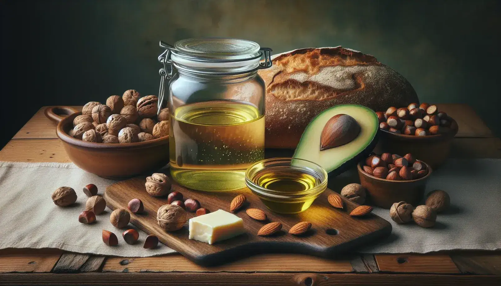 Kitchen still life with jar of solid fat, saucer with oil and spices, bowl of assorted nuts, cut avocado and bread with butter.