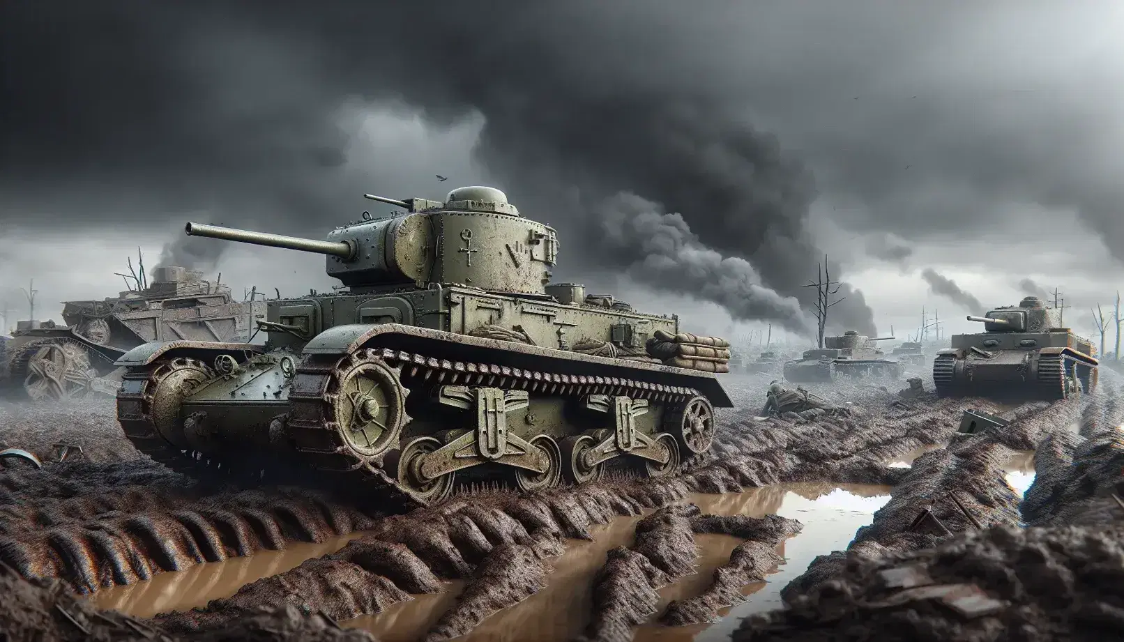 Carro armato verde oliva in primo piano su campo di battaglia della Seconda Guerra Mondiale, con veicoli militari, fumo e terreno craterizzato.