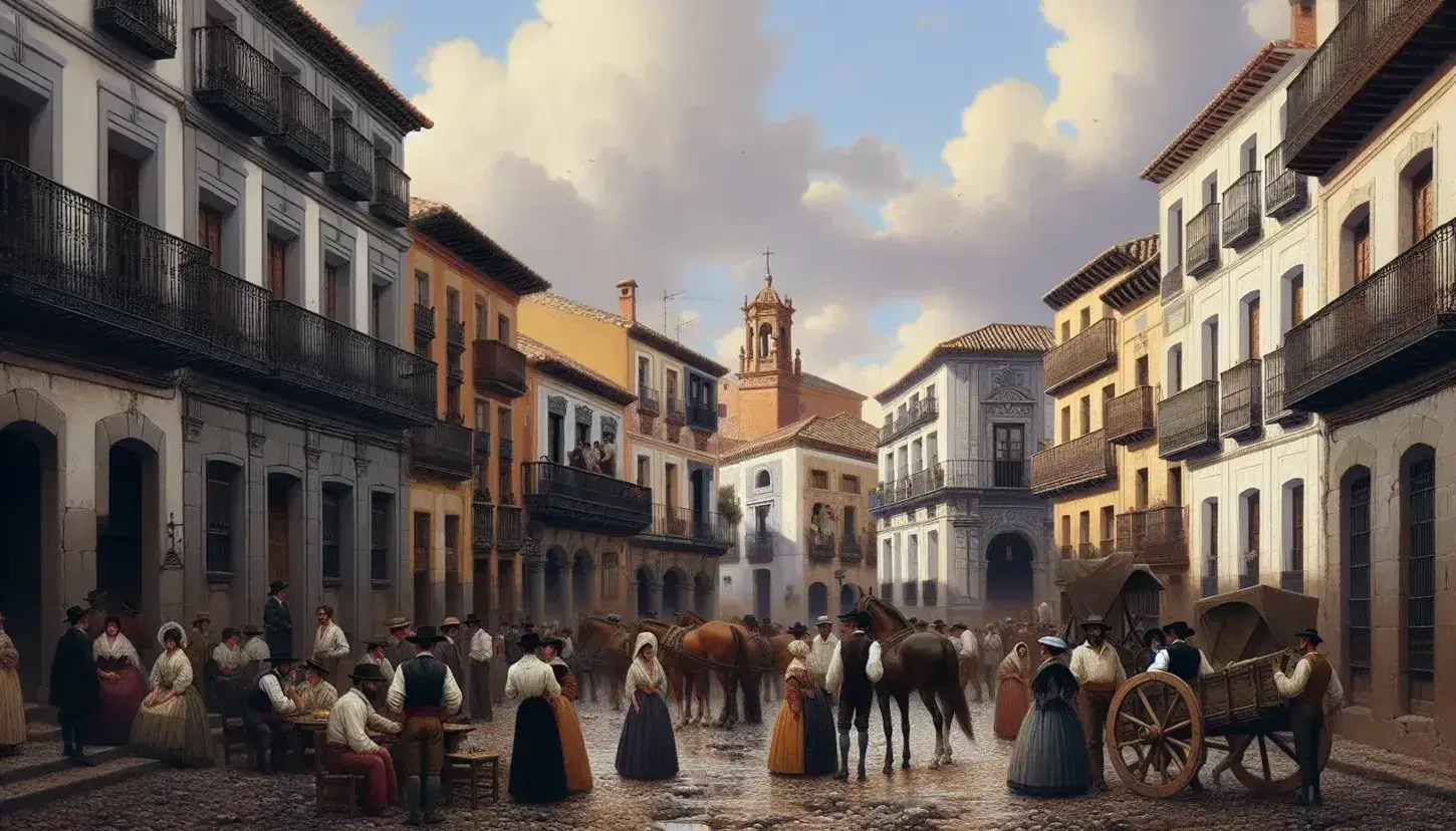 Escena de calle en ciudad española antigua con plaza adoquinada, edificios de arquitectura tradicional, personas en vestimenta de época y carro tirado por caballo bajo cielo parcialmente nublado.