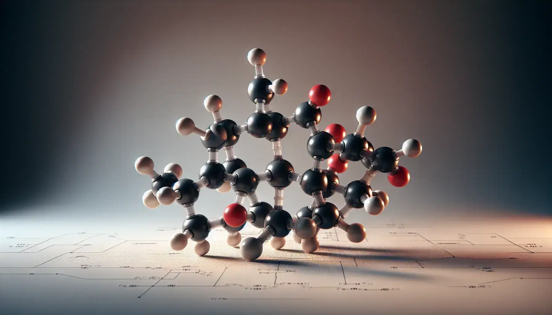 Three-dimensional molecular model of glyceraldehyde with black spheres for carbon, red for oxygen and white for hydrogen on a neutral background.