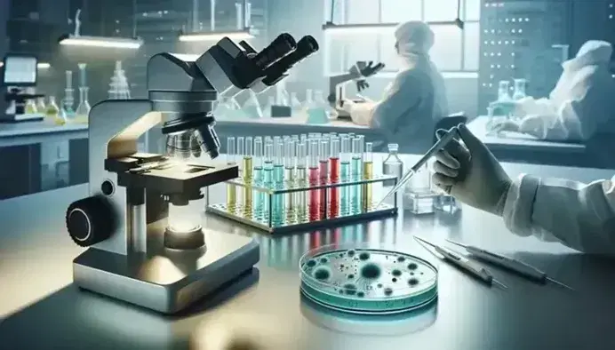 Laboratorio de microbiología con microscopio electrónico enfocando una placa de Petri con muestra azul-verde, tubos de ensayo de colores y científico utilizando pipeta.