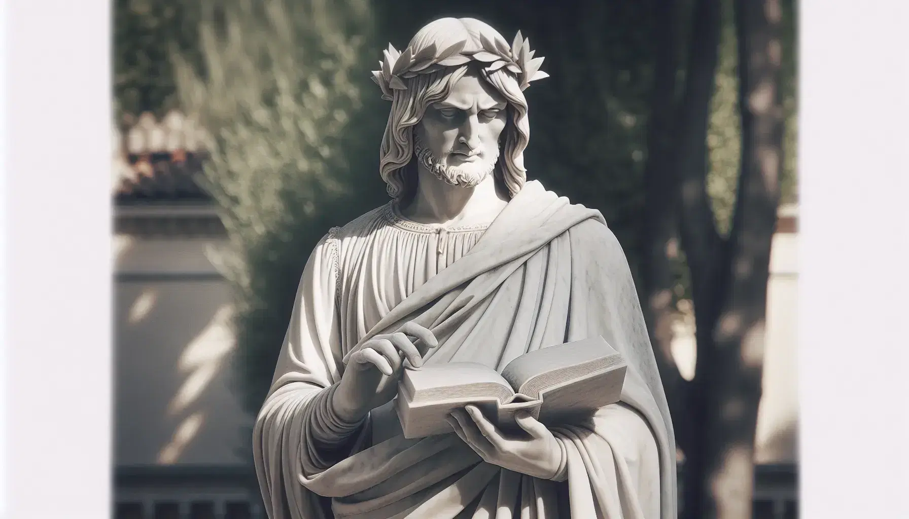 Statua in marmo bianco di Dante Alighieri con corona d'alloro, libro aperto e abito medievale in un giardino sfocato.