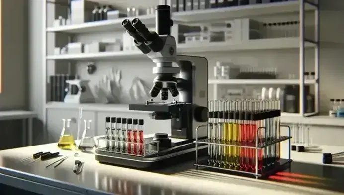 Microscopio electrónico de laboratorio moderno y ergonómico sobre mesa clara con tubos de ensayo de colores en soporte metálico y material de laboratorio al fondo.