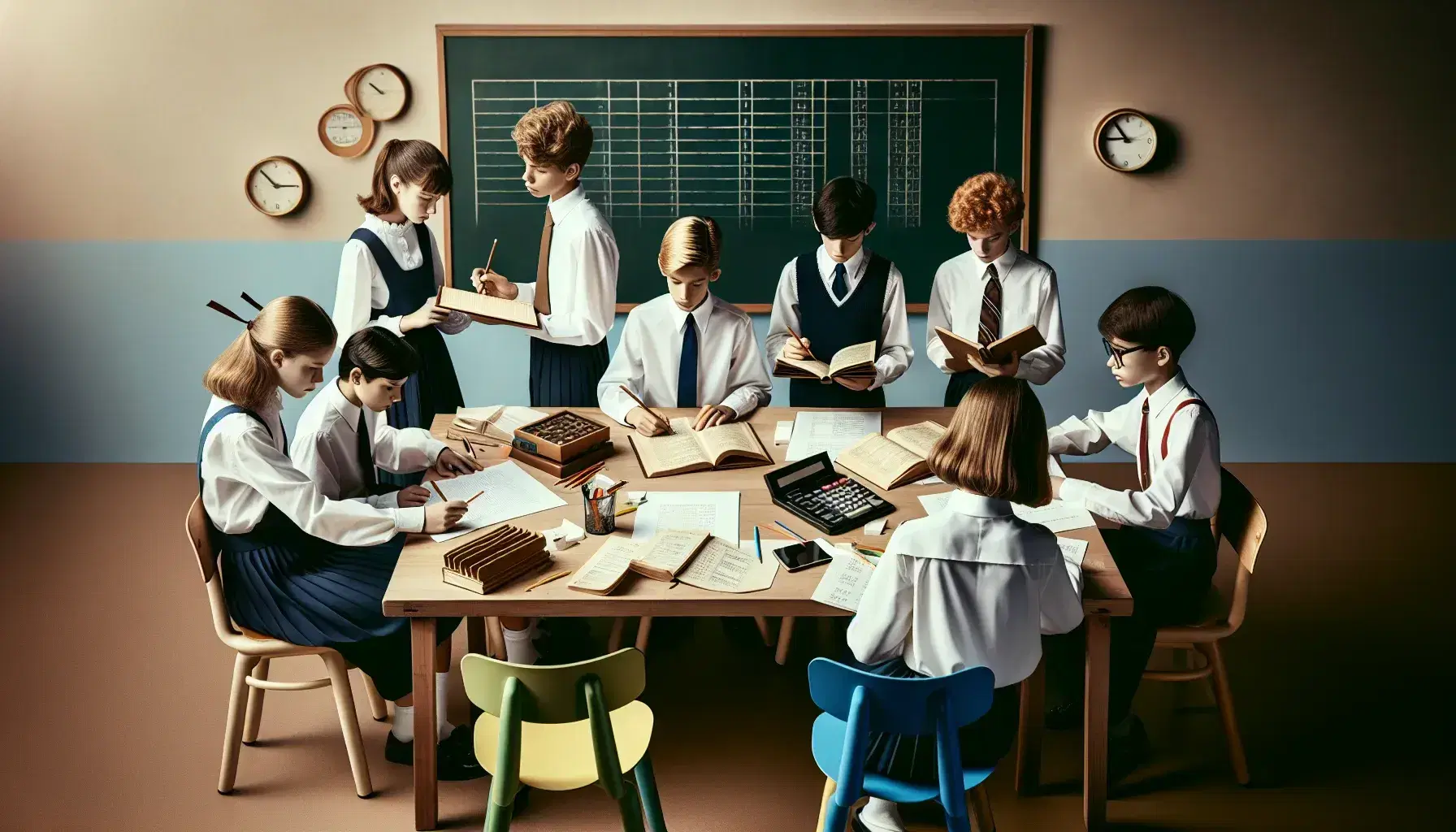 Estudiantes en uniforme colaborando en actividad escolar alrededor de una mesa con calculadora, papeles y libro, en un aula iluminada.