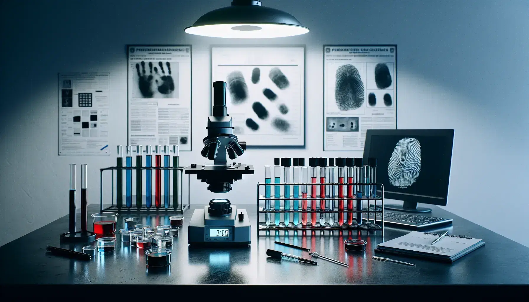 Laboratorio forense con microscopio, provette colorate, bilancia analitica e laptop su tavolo, poster di impronte e scene del crimine sullo sfondo.