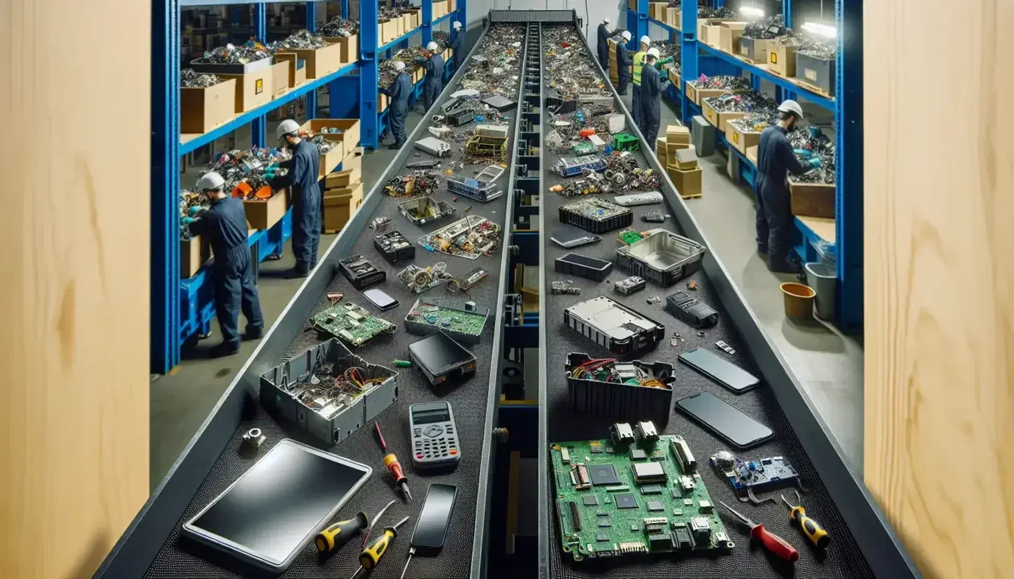 Modern electronics recycling plant with workers sorting and disassembling devices on a conveyor belt, surrounded by separate material containers.