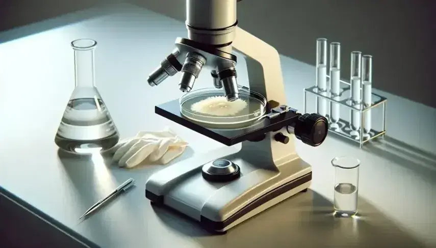 Microscopio óptico plateado y negro enfocado en ocular y torreta de objetivos, con plato de Petri y colonia bacteriana sobre mesa de laboratorio, guantes blancos y tubo de ensayo al lado.