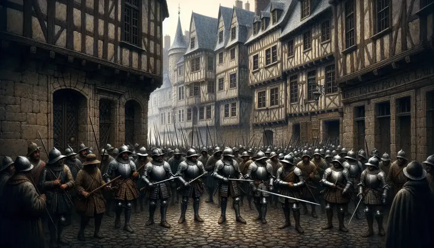 16th-century French city scene with armored soldiers wielding weapons and distressed civilians on a cobblestone street, under a gray overcast sky.