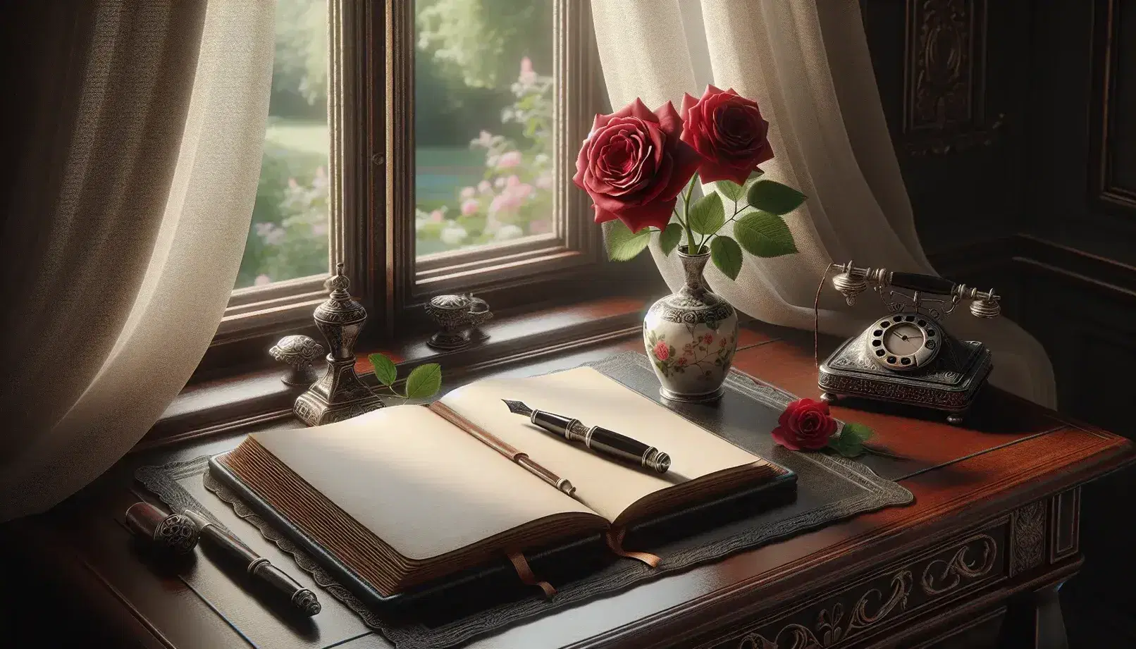 Vintage writing desk by a window with sheer curtains, featuring an open leather journal, antique fountain pen, and a porcelain vase with a red rose.