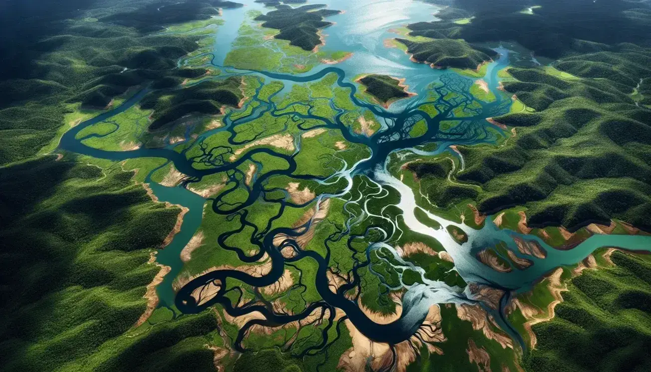 Vista aérea de un sistema fluvial con ríos serpenteantes y un lago reflejando nubes, rodeados de vegetación verde y un delta que desemboca en un gran cuerpo de agua.