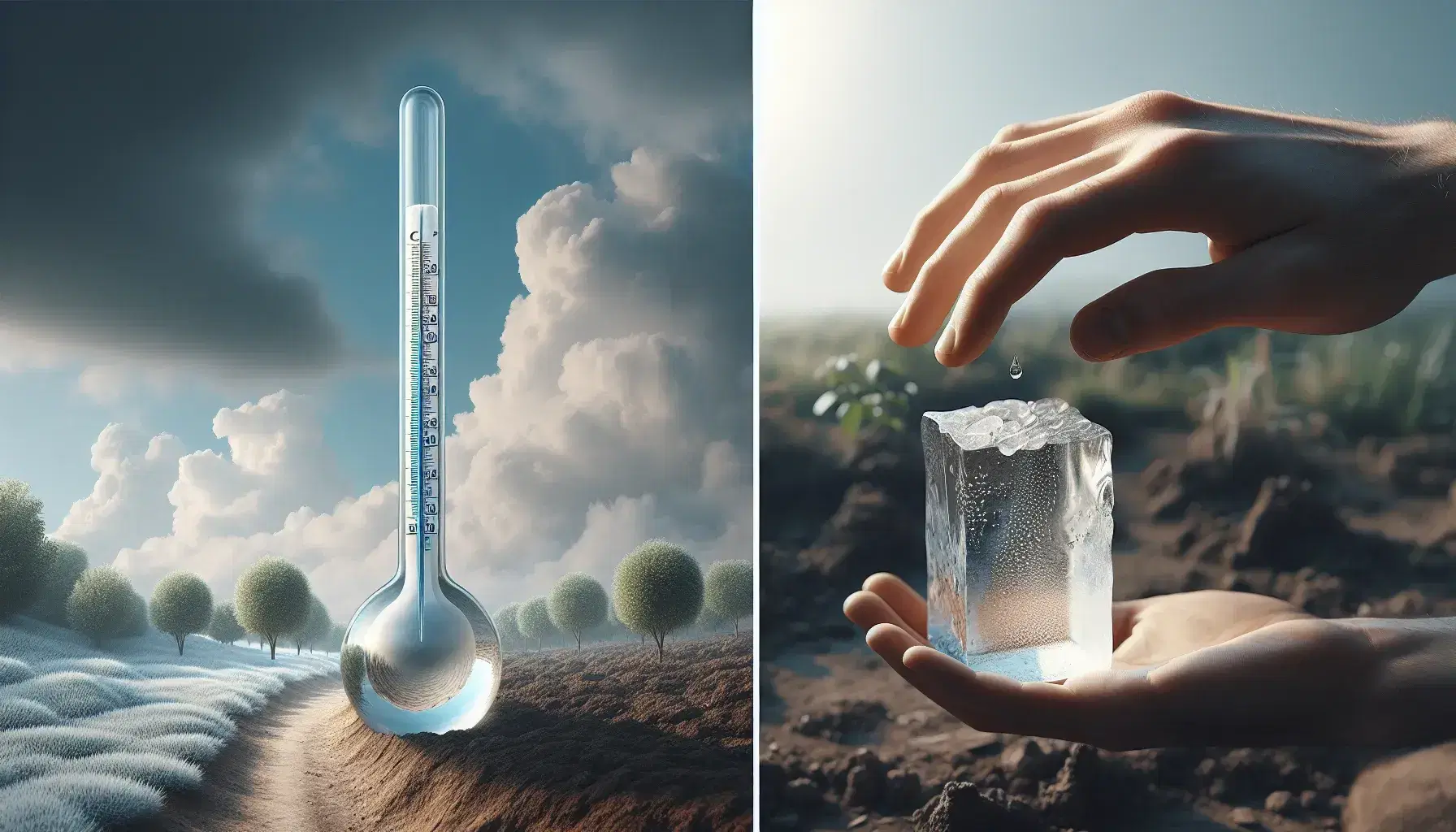 Termómetro de mercurio con líquido plateado marcando temperatura ante un fondo natural desenfocado, bloque de hielo al centro y mano sosteniendo vaso con agua.
