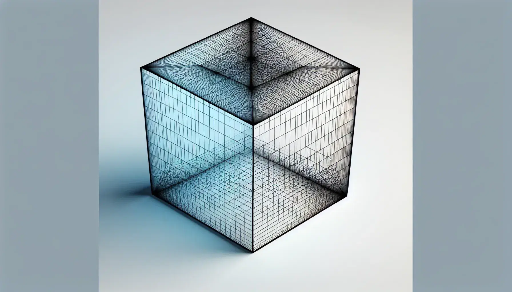 3D wireframe cube with a vertex-forward perspective next to a 2D square, both featuring a top-light to bottom-dark blue gradient on a white background.