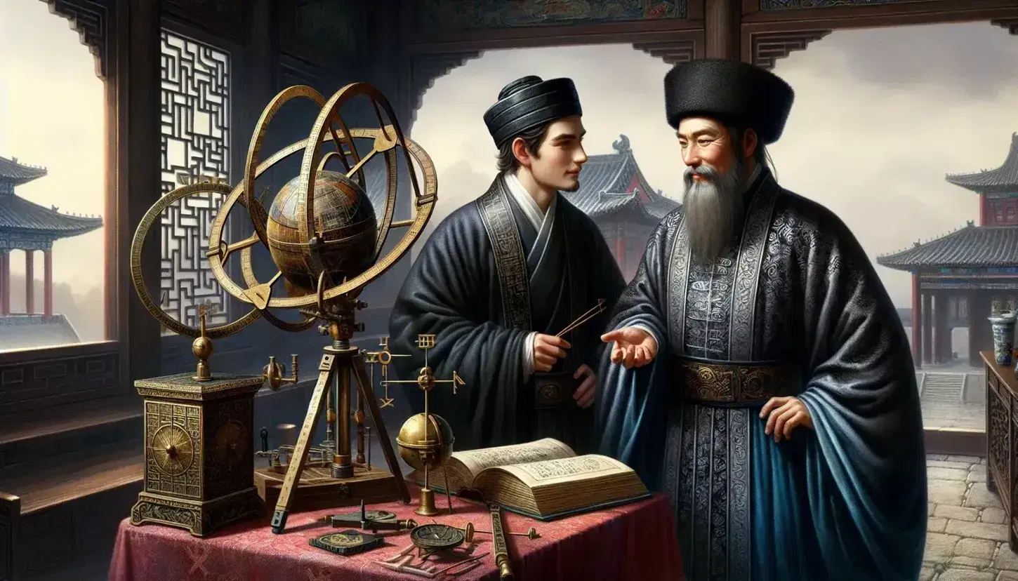 European and Chinese scholars discuss astronomy with an armillary sphere amid scientific instruments on a table, overlooking a serene Ming Dynasty garden.
