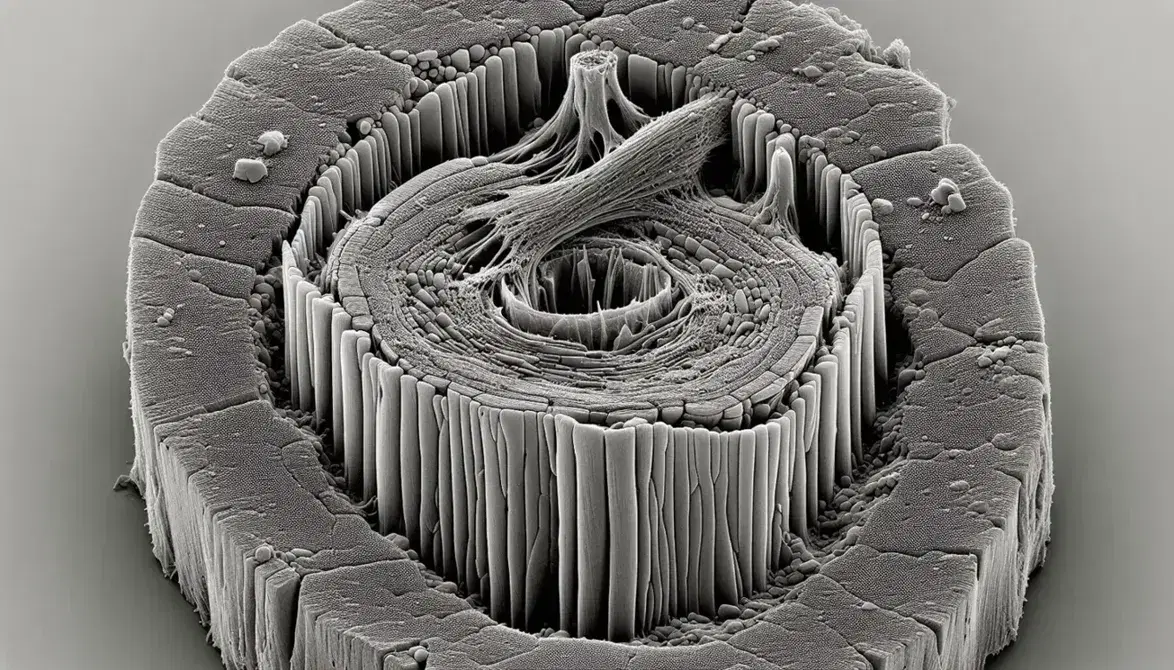 Micrografía electrónica de alta resolución mostrando la pared celular y la membrana plasmática de una célula vegetal en sección transversal, con texturas detalladas y sin color.
