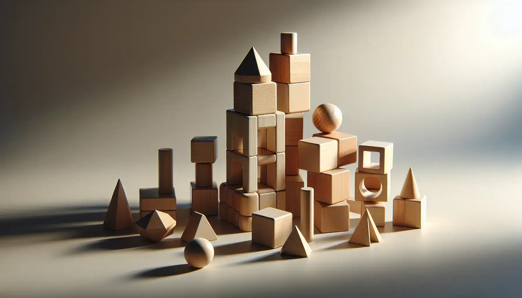 Bloques de construcción geométricos de madera en superficie lisa con torre central de cubos y cilindro, prisma y cono a un lado y esfera al otro, sin pintura.