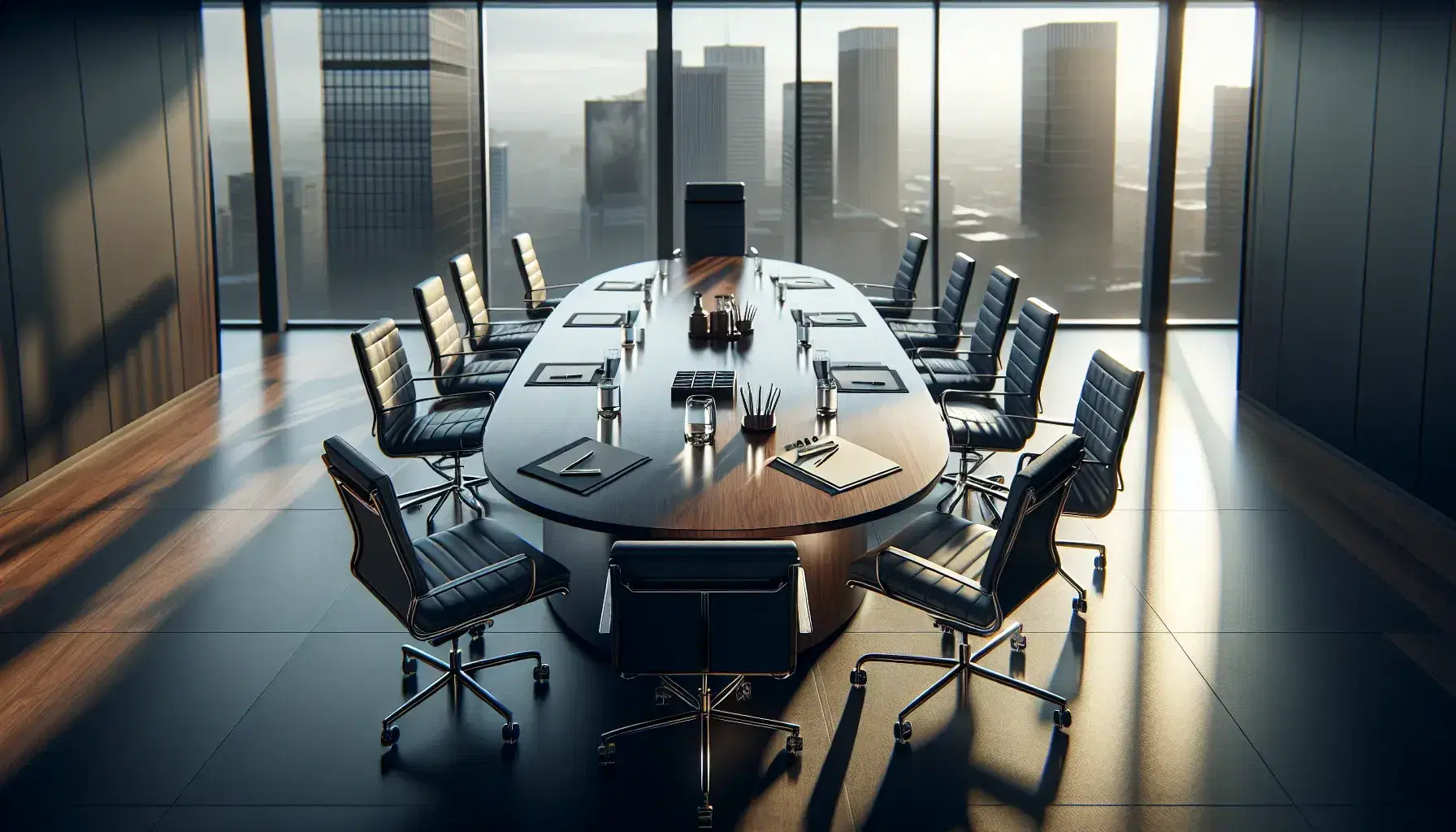 Modern conference room with oval wooden table, leather chairs, paper, pens, water pitcher, and glasses, overlooking a city skyline at sunset.