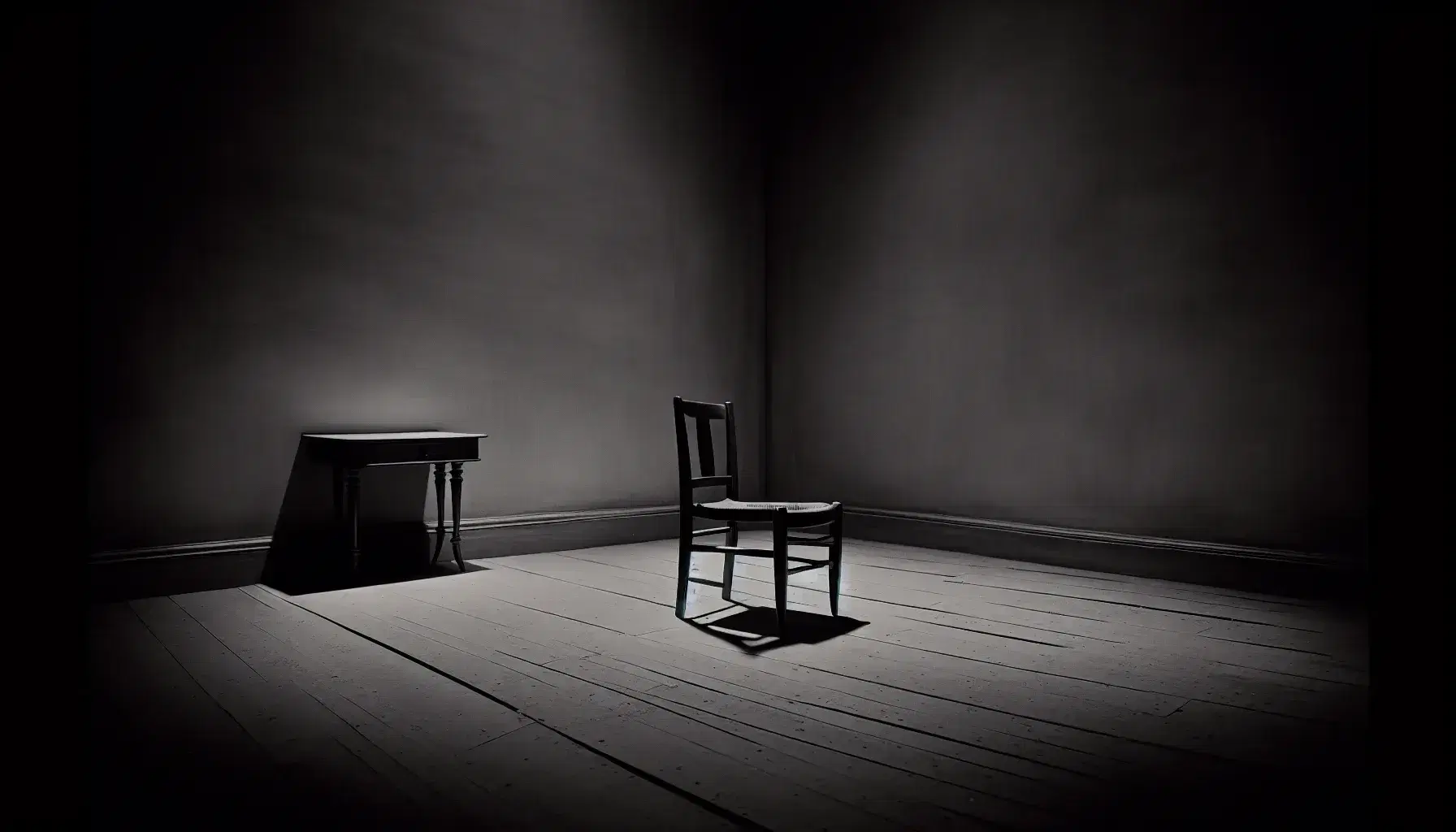 Minimalist black and white photograph featuring a vintage wooden chair and a small round table in a stark, empty room with a floor lamp in the corner.