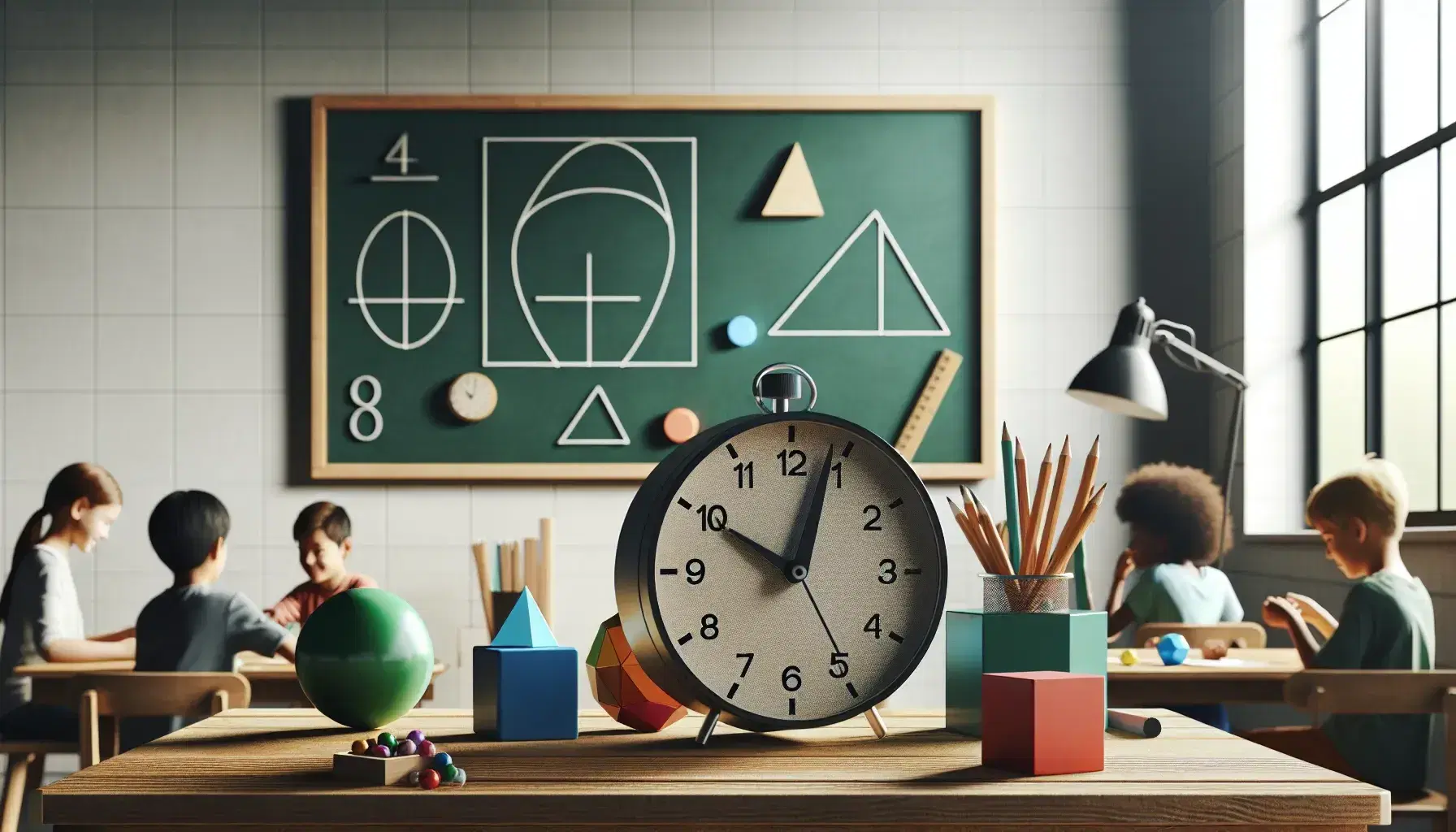 Diverse students discuss around a table with colored marbles in a well-lit classroom featuring a desk with geometric shapes and a numberless clock.