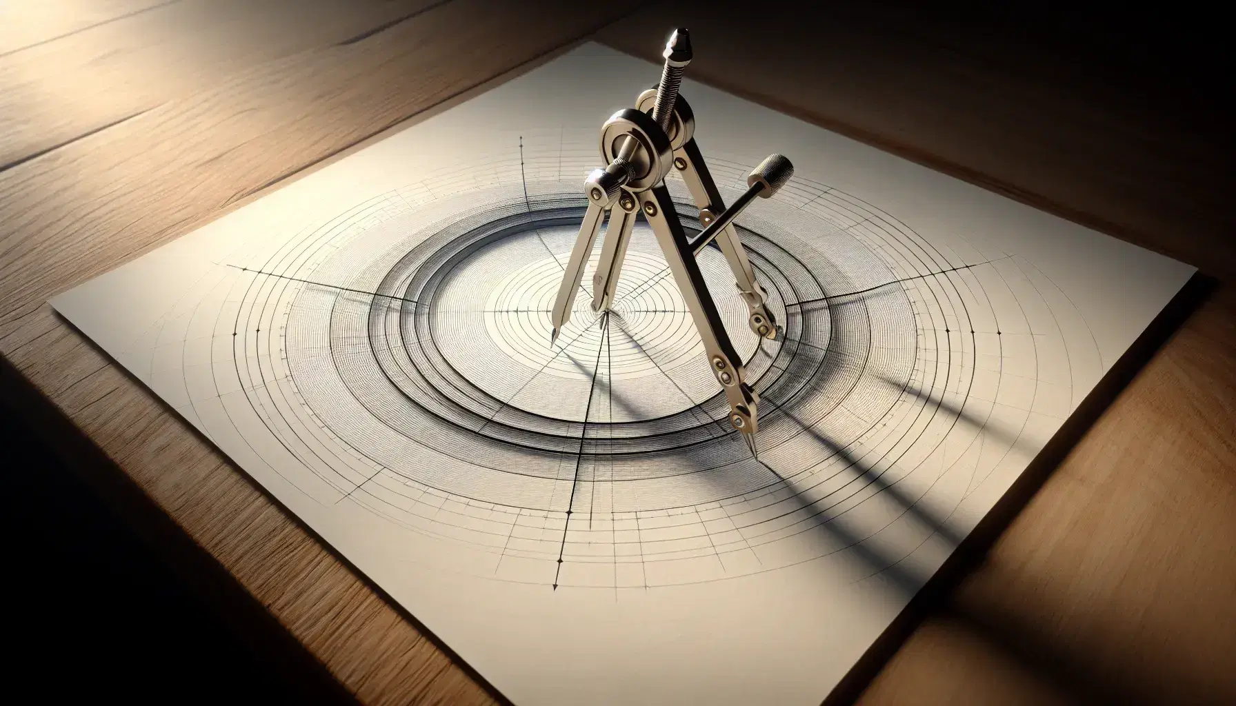 Compás de precisión metálico sobre papel con círculos concéntricos y líneas radiales dibujados, simulando un diagrama polar en superficie de madera clara.