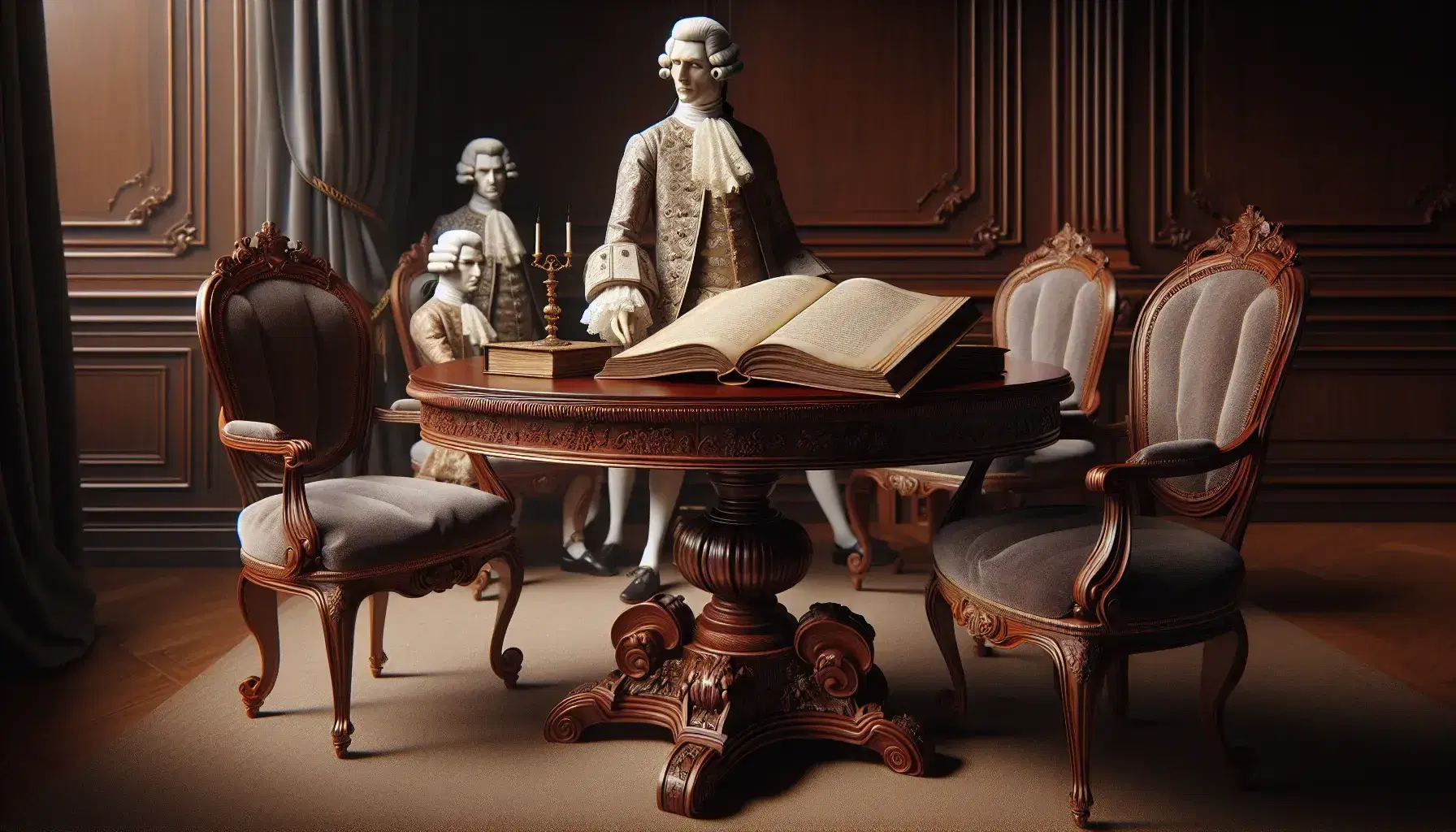 Elegant 17th-century French salon with porcelain figurines in period attire, an antique book on a mahogany table, and a pastoral painting.