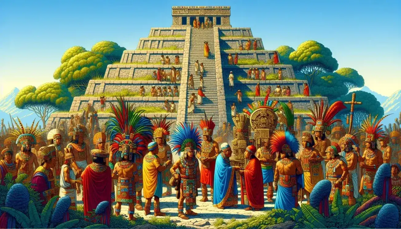 Recreación artística de una escena de la vida cotidiana en el Imperio Azteca con personas en atuendos tradicionales y una pirámide escalonada bajo un cielo despejado.