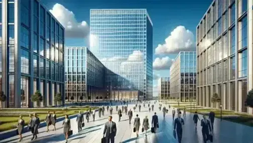 Grattacielo centrale con facciata in vetro e edifici minori accanto, persone in abiti formali camminano su strada acciottolata, giardino curato visibile.