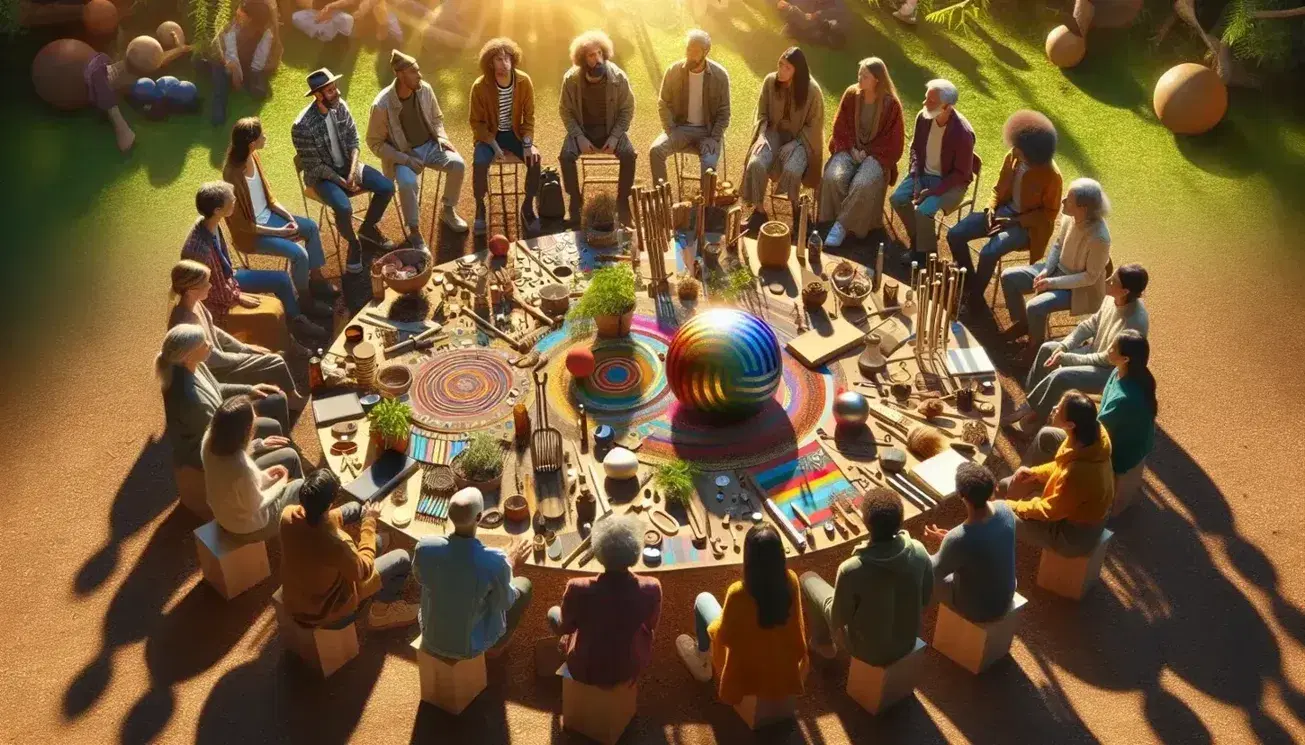 Grupo multicultural reunido en parque con objetos en el centro, incluyendo pelota colorida, bloque de madera, diapasón y planta, bajo luz solar filtrada por árboles.