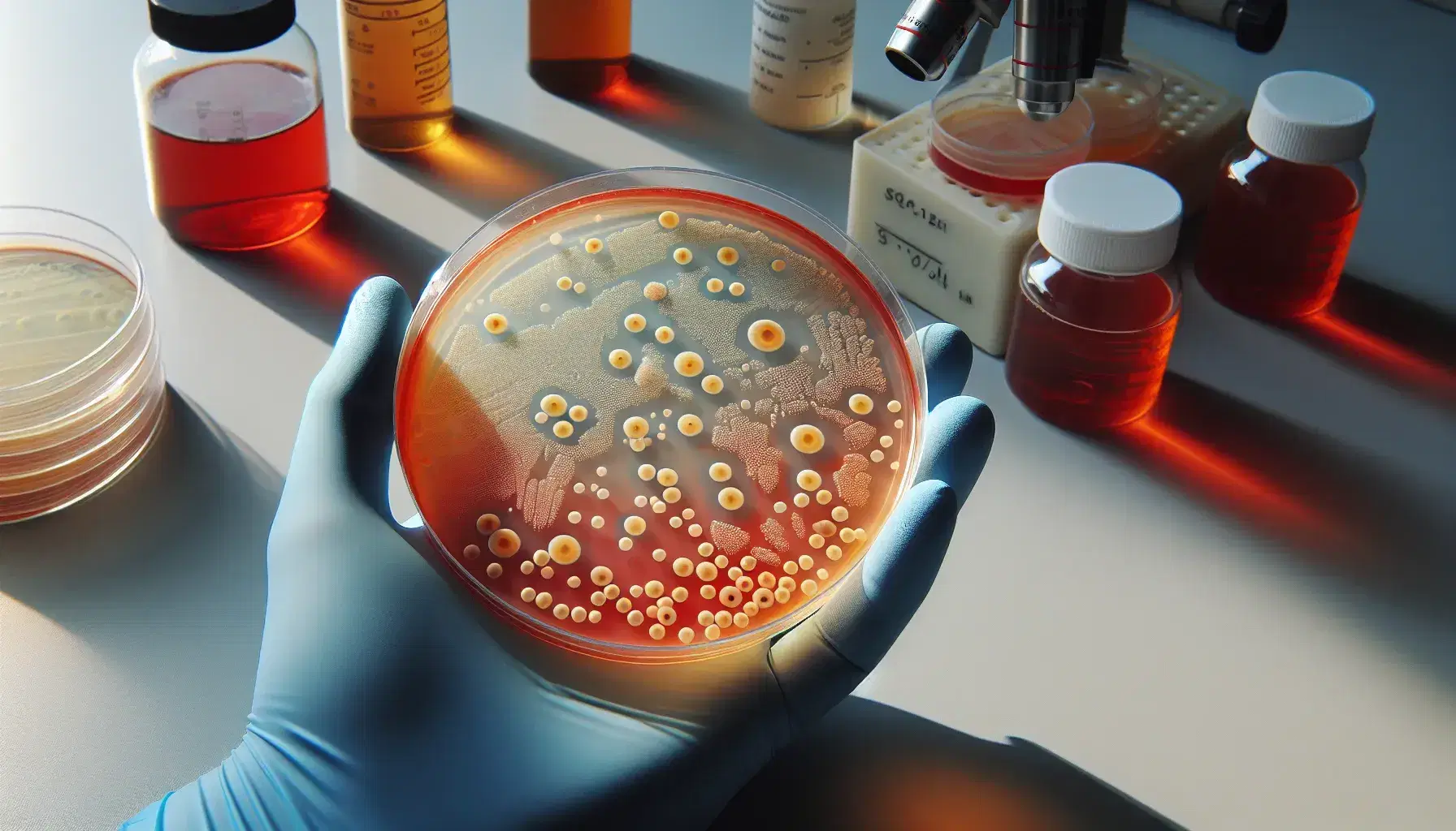 Placa de Petri transparente con medio de cultivo agar rojizo y colonias bacterianas variadas sostenida por mano con guante azul en laboratorio.