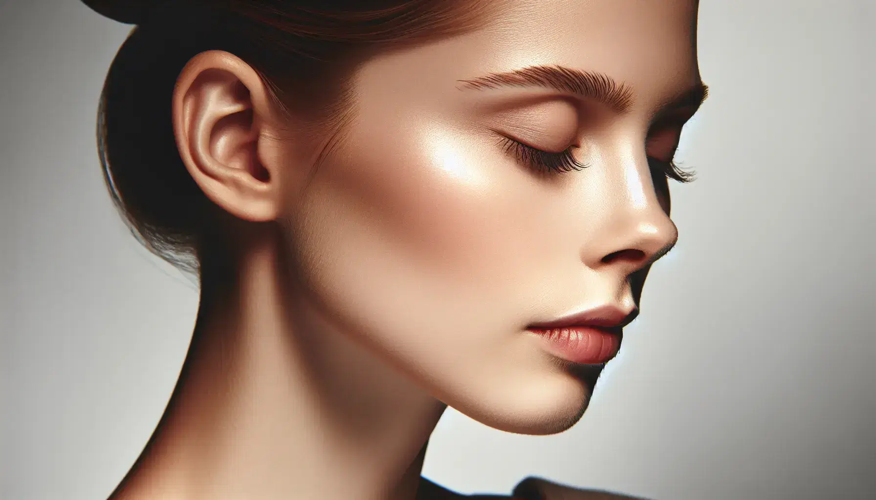 Primer plano de mujer caucásica en perfil con ojos cerrados y expresión serena, iluminada suavemente, destacando texturas y contornos faciales.