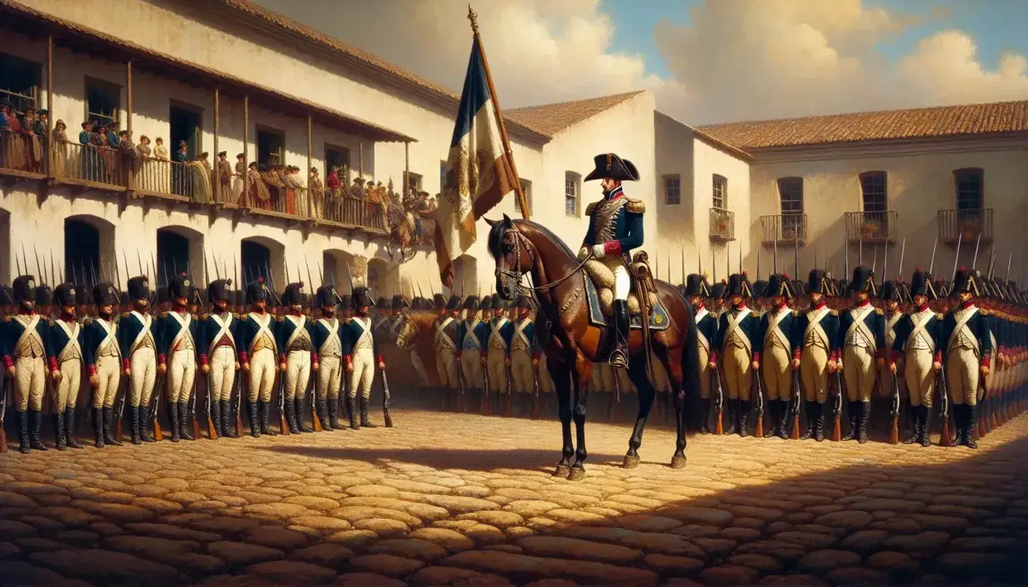 19th-century military reenactment with soldiers in blue coats and white trousers, a horseman with a flag, on a cobblestone plaza surrounded by pastel colonial buildings.