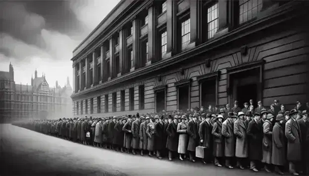 Long line of people in 1930s clothes wait outside a classical building with columns, under an overcast sky, expressing tiredness and worry.