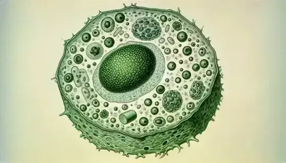 Plant cell under microscope with cell wall, dark green oval nucleus, nucleolus, light green cytoplasm, chloroplasts, vesicles and thin membrane.