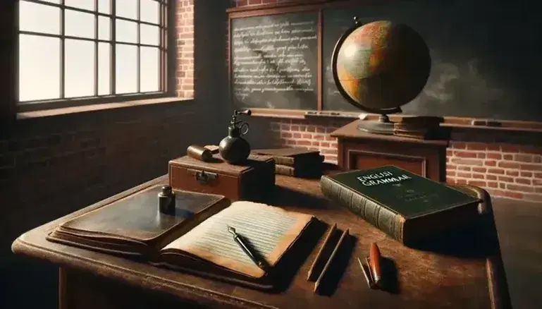 Scena di aula scolastica vintage con scrivania in legno, penna stilografica, quaderno aperto, libro di grammatica inglese e mappamondo antico.