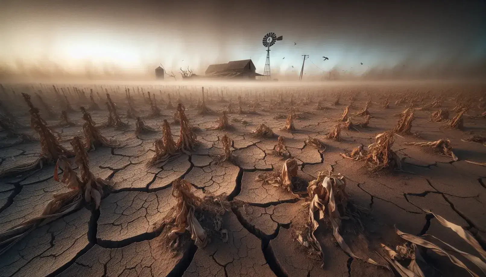 Arid landscape with cracked earth, remains of withered crops, dilapidated house and motionless windmill under a dusty sky.