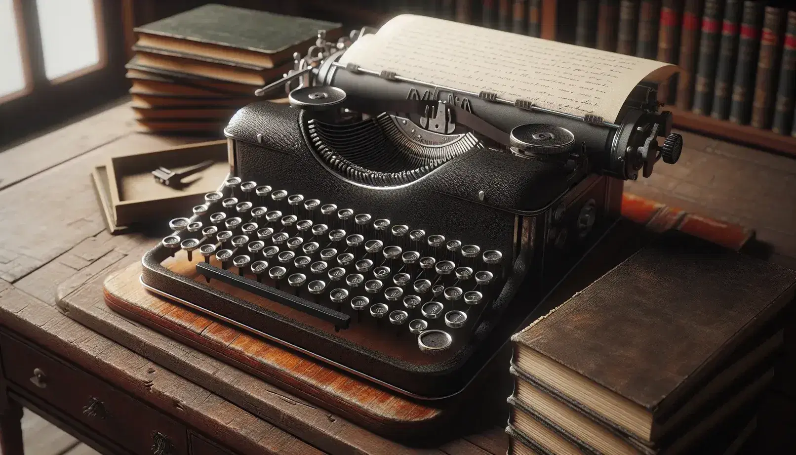 Vintage typewriter on wooden desk with stack of cream paper and blurred bookshelf in background, evoking a nostalgic writing ambiance.