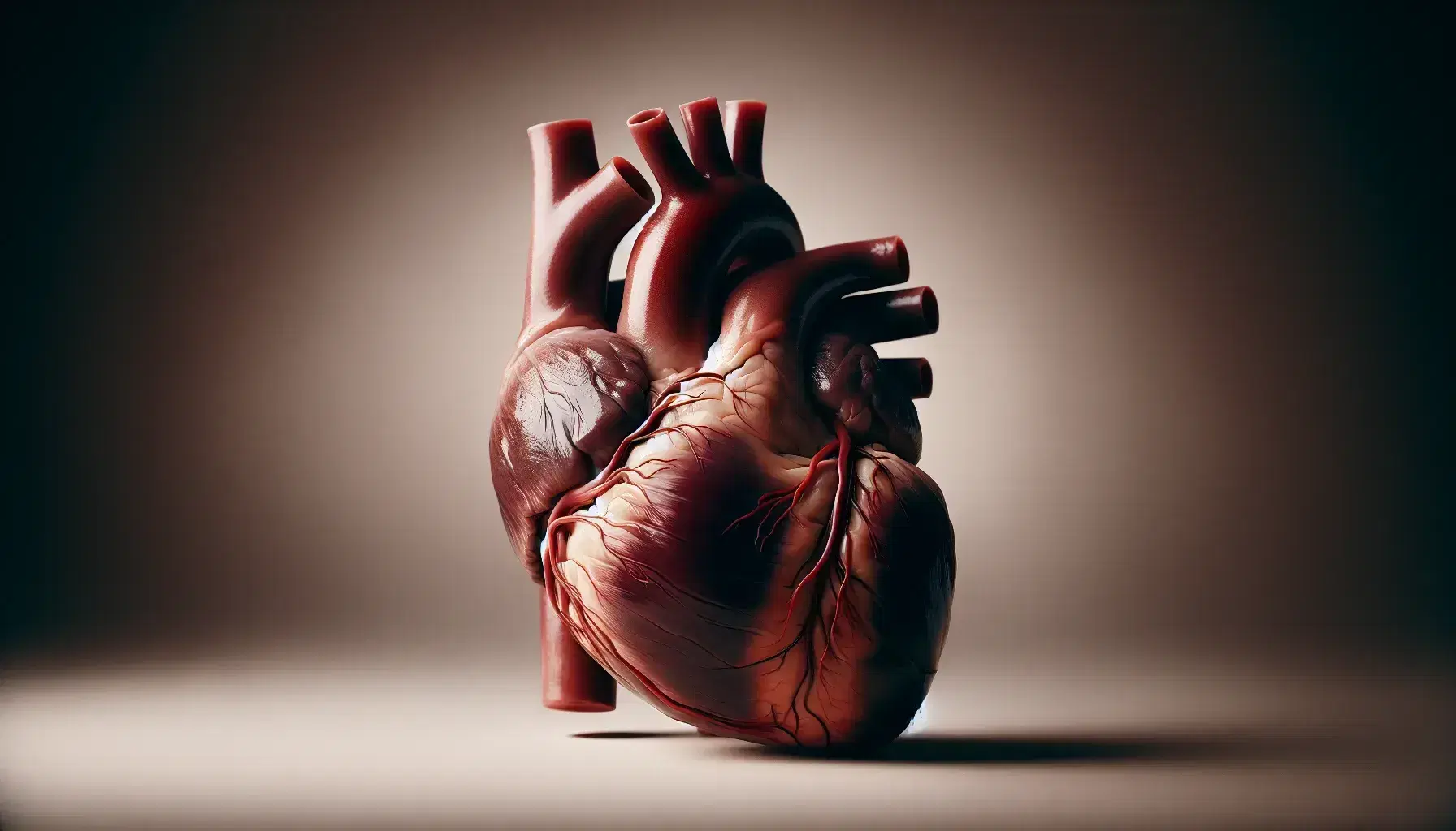 Cuore umano reale di colore rosso scuro con arterie e vene visibili su sfondo neutro, dettagli muscolari e vasi sanguigni evidenziati dalla luce.